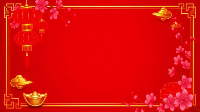 A vibrant red background adorned with traditional Chinese New Year elements, perfect for holiday greetings and cultural events.
