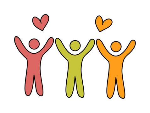 Three happy people raising arms with hearts above them