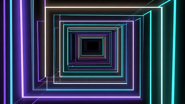 Neon Glowing Square Tunnel Corridor Overlay Element, Cyberpunk Sci-Fi Perspective Grid for Electronic Music and VJ Loop Video