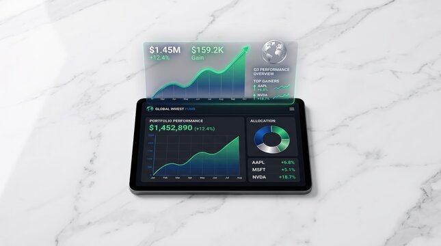 Global investment fund portfolio performance dashboard on tablet with holographic overlay showing financial gains and stock market trends