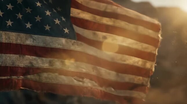 Cinematic Close Up Shot of a Weathered and Faded American Flag Representing History and Patriotism