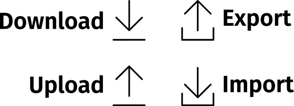 Minimalist black linear icons for download export upload and import actions on checkered backdrop.