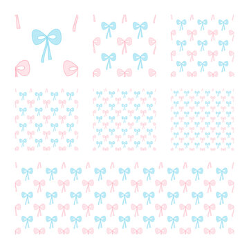 Cute seamless pattern featuring hand-drawn ribbon bows in soft pastel blue and pink on a white background, ideal for wrapping paper, stationery, fabric, packaging, and feminine decorative designs.