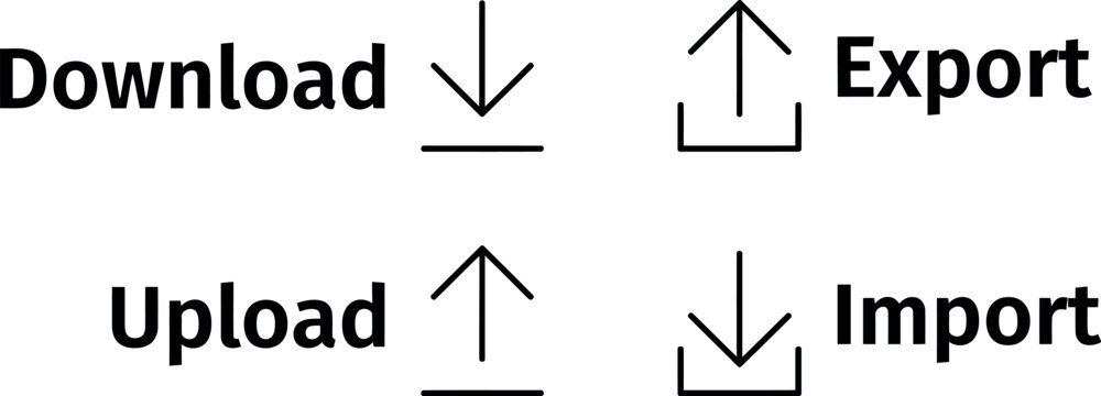 Minimalist black linear icons for download export upload and import actions on checkered backdrop.