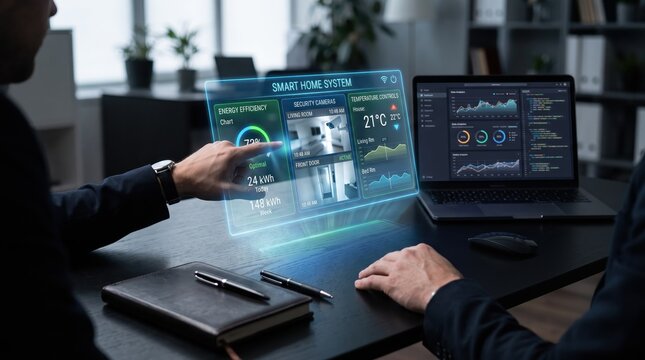 Man interacting with holographic smart home system dashboard showing energy efficiency charts and temperature controls, managing connected IoT devices and intelligent building