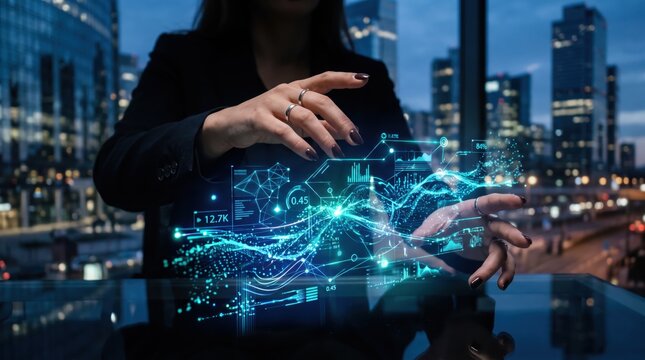 Businesswoman interacting with futuristic holographic data charts and graphs in a modern office, analyzing financial statistics, digital transformation, big data analytics