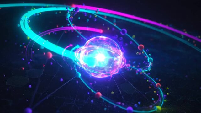 Glowing atomic structure with orbiting colorful particle rings spinning in dark cyberspace