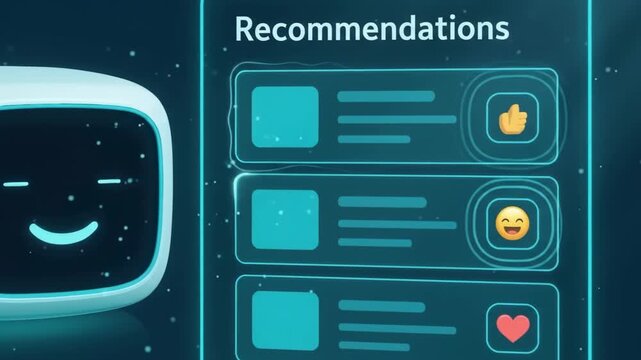 Cute smiling cube robot mascot next to glowing recommendations interface panel with emojis