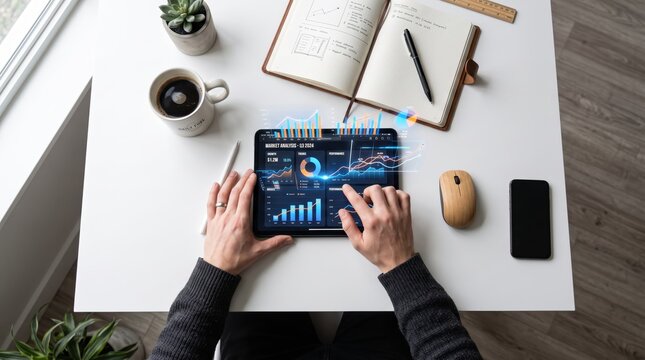 Overhead view of person using tablet computer for market analysis with holographic charts and graphs floating above screen while sitting at white desk with notebook and coffee cup.
