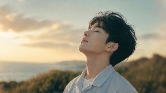 Calm young man breathing deeply by the sea at sunset, mindful relaxation outdoors
