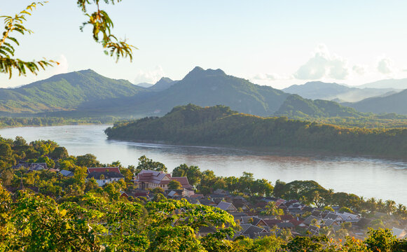 Panoramic View of Mekong River, Lush Green Forests and Mountains from Mount Phousi in Luang Prabang, Laos