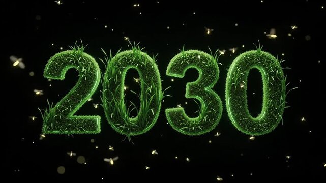 Glowing grass typography spelling 2030 on a black background