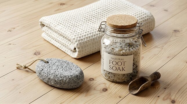 Natural foot soak salts with pumice stone and towel