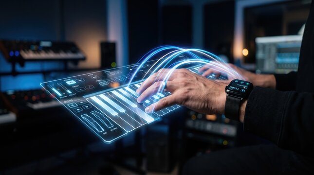 Music producer playing on a glowing futuristic holographic keyboard synthesizer in a dark recording studio with neon blue lights and audio equipment background.