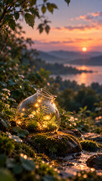 Glowing glass jar with fairy lights on sandy beach at sunset vertical background .Generative AI