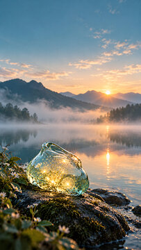 Glowing glass jar with fairy lights on sandy beach at sunset vertical background .Generative AI