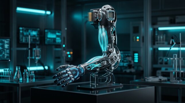 Futuristic bionic prosthetic arm with neural interfaces, synthetic muscles and precision actuators, representing advanced rehabilitation, robotics and human augmentation technology.