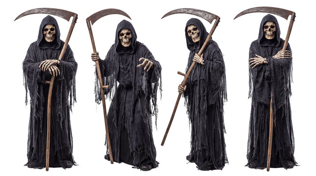Four Grim Reapers with scythes standing on transparent background