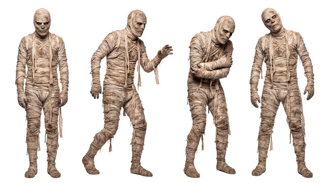 Four standing ancient wrapped mummies, transparent background