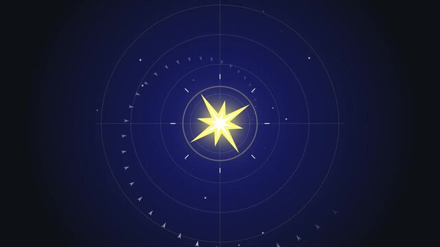 Glowing Yellow Star Symbol Rotating Inside Futuristic Radar Circles on Dark Blue Background