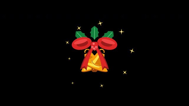 Flat vector style Christmas jingle bells with a ribbon bow swinging back and forth, accented by glowing golden sparkle stars on a transparent background