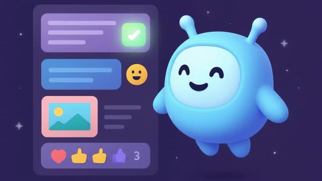 Cute round blue mascot beside chat message bubbles with thumbs up and heart reactions