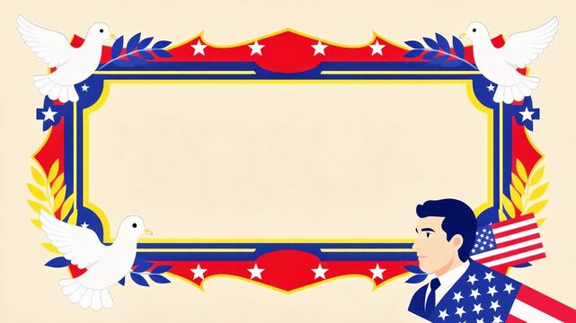 Animated patriotic frame featuring American flag colors, stars, doves, and a man in a suit. Ideal for US national celebrations, elections, or historical events. A symbol of peace and unity.