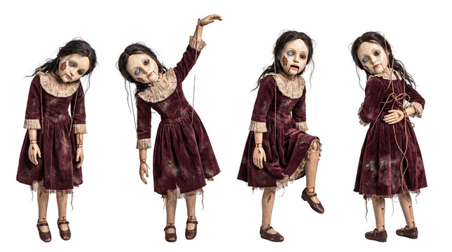 Creepy vintage doll with cracked face, large eyes, transparent