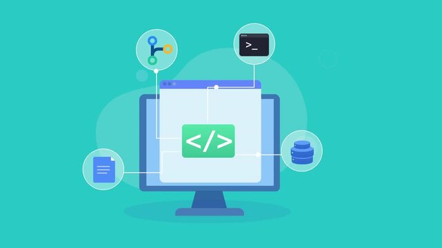 Flat vector animation showing a desktop monitor with a code editor connected to workflow, terminal, document, and database icons for software development, programming, and system integration.