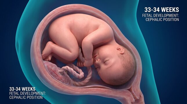 Understanding fetal position and development at 33-34 weeks gestation. Safe in the womb, the baby prepares in the cephalic position, nourished by the umbilical cord as the third trimester ends.