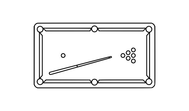 Overhead Billiard Pool Table Outline Icon with Balls and Cue