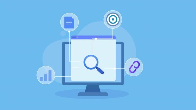 Flat vector animation showing a desktop monitor with a magnifying glass connected to document, target, link, and analytics icons for intelligent information search, data discovery, and digital researc