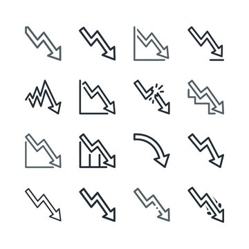 Set of Downtrend Graph Icons with Arrows Indicating Financial Decline, Stock Market Crash, and Negative Growth