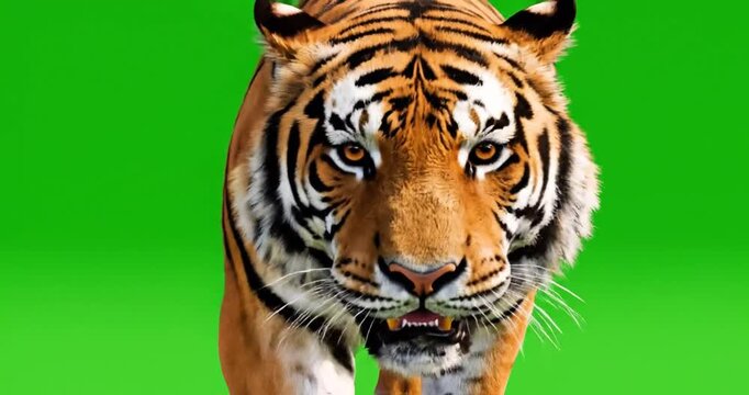 Bengal tiger walking forward isolated on green screen background 4K Video 60 fps