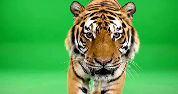 Bengal tiger walking forward isolated on green screen background 4K Video 60 fps