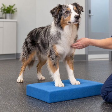 Dog standing on balance pad during canine rehabilitation exercise