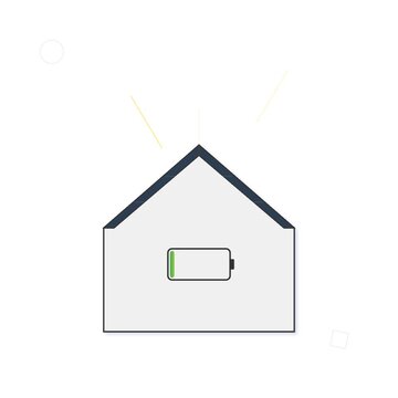 Animated neomorphic solar energy house icon with green battery charging animation on dark black background