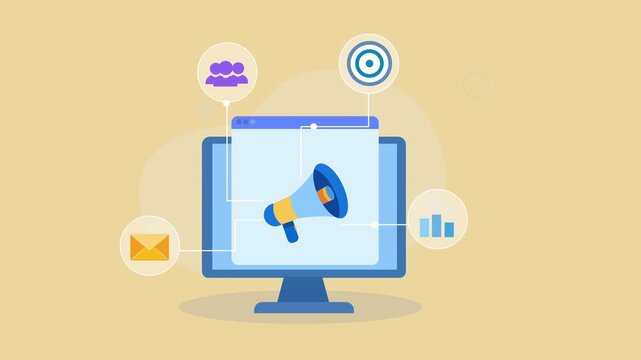 Flat vector animation showing a desktop monitor with a digital megaphone connected to audience, target, email, and analytics icons for digital advertising, marketing campaigns, and customer engagement