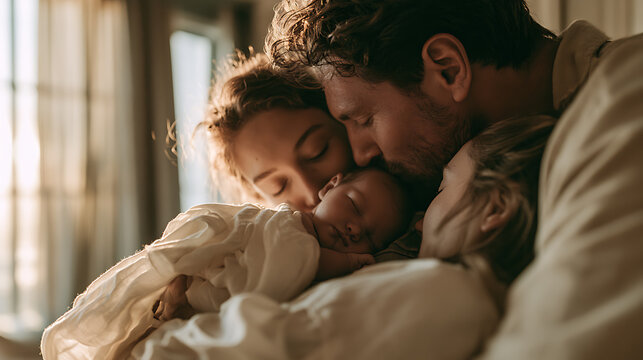 Tender moment between newborn baby and parents, symbolizing unconditional love, family connection, protection, and precious memories.