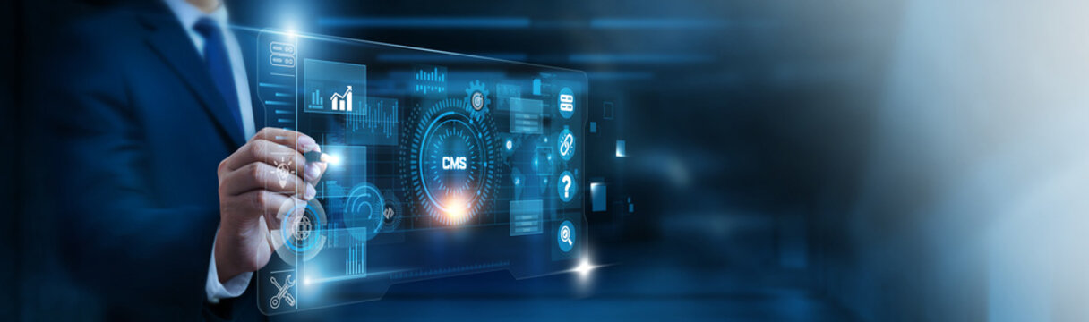 CMS Developer interacting with CMS and futuristic holographic digital network interface control panel. Content management, website development, digital publishing, web design.
