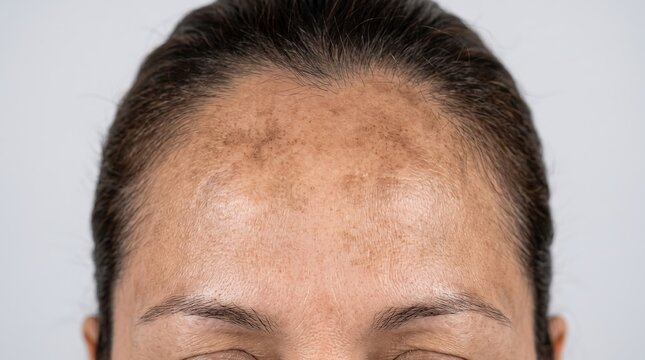 Close Up of Female Forehead with Severe Melasma and Sun Damage