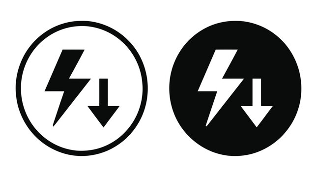 Vector illustration of lightning bolt with down arrow icons in circles on a transparent background