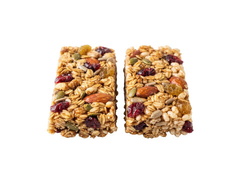 Two fruit and nut granola bars with oats, seeds, almonds, and cranberries on black