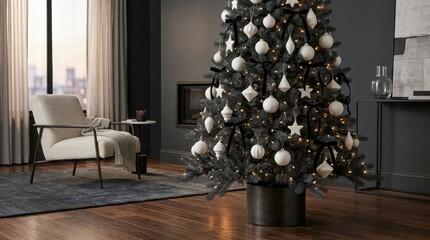 Naklejka premium A charcoal Christmas tree with white ornaments brightens a modern, softly lit living room
