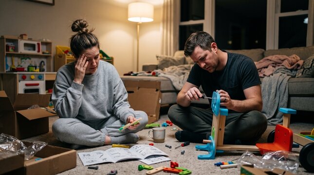 Tired parents assembling a children's toy on the living room floor late at night, dim warm lighting, scattered toy parts and instruction manual, focused tired expression.