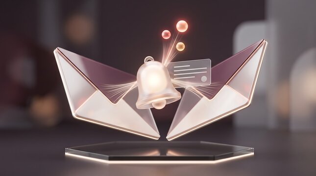 Minimalist 3d render of digital notification bell icon floating between two glass envelopes symbolizing incoming message alerts and communication updates in a clean tech aesthetic