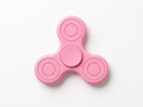 Pink fidget spinner top view on white background, minimalist stress relief toy