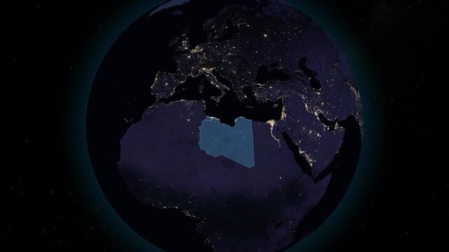 Libya night globe. City lights, zoom, spin, outline glow, pullback, ring reveal for Libya. Elements of the animation furnished by NASA.