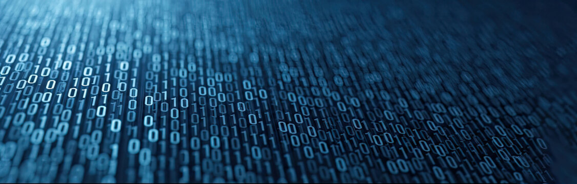 A dark, blurred background displays a dense pattern of blue binary code. The digital code appears to be a textured surface, resembling a vast network of data streams.