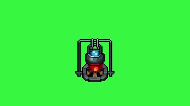 hot pot stone campfire loop animation in pixel art style with green screen background